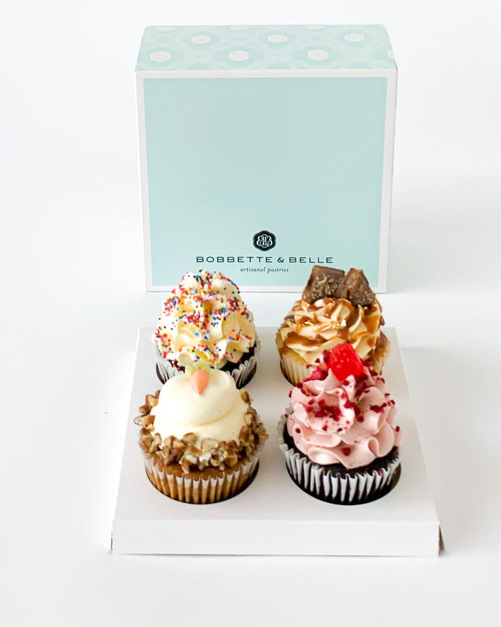 Box of 4 assorted cupcakes in a Bobbette & Belle gift box