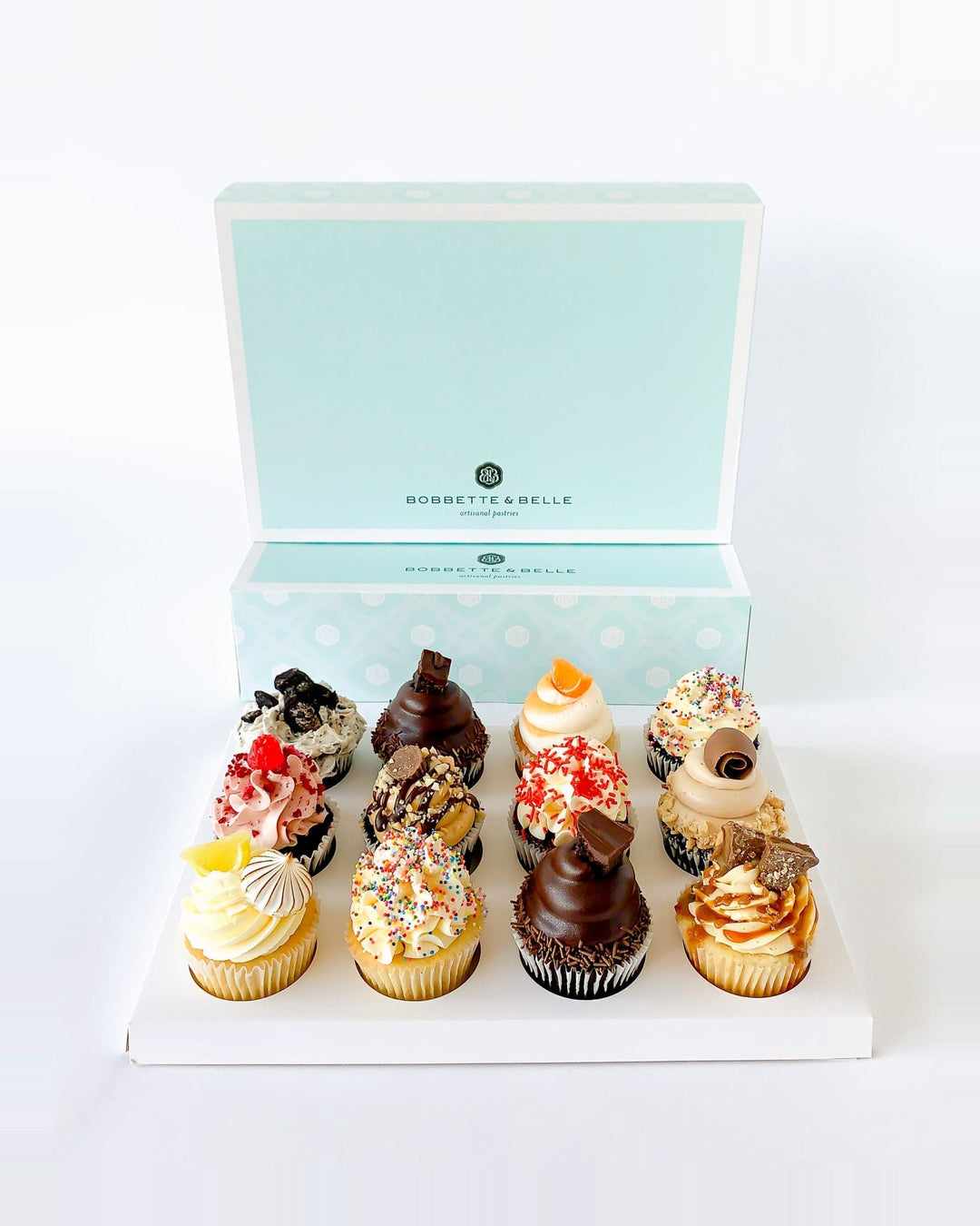 Box of 12 assorted cupcakes in a Bobbette & Belle gift box