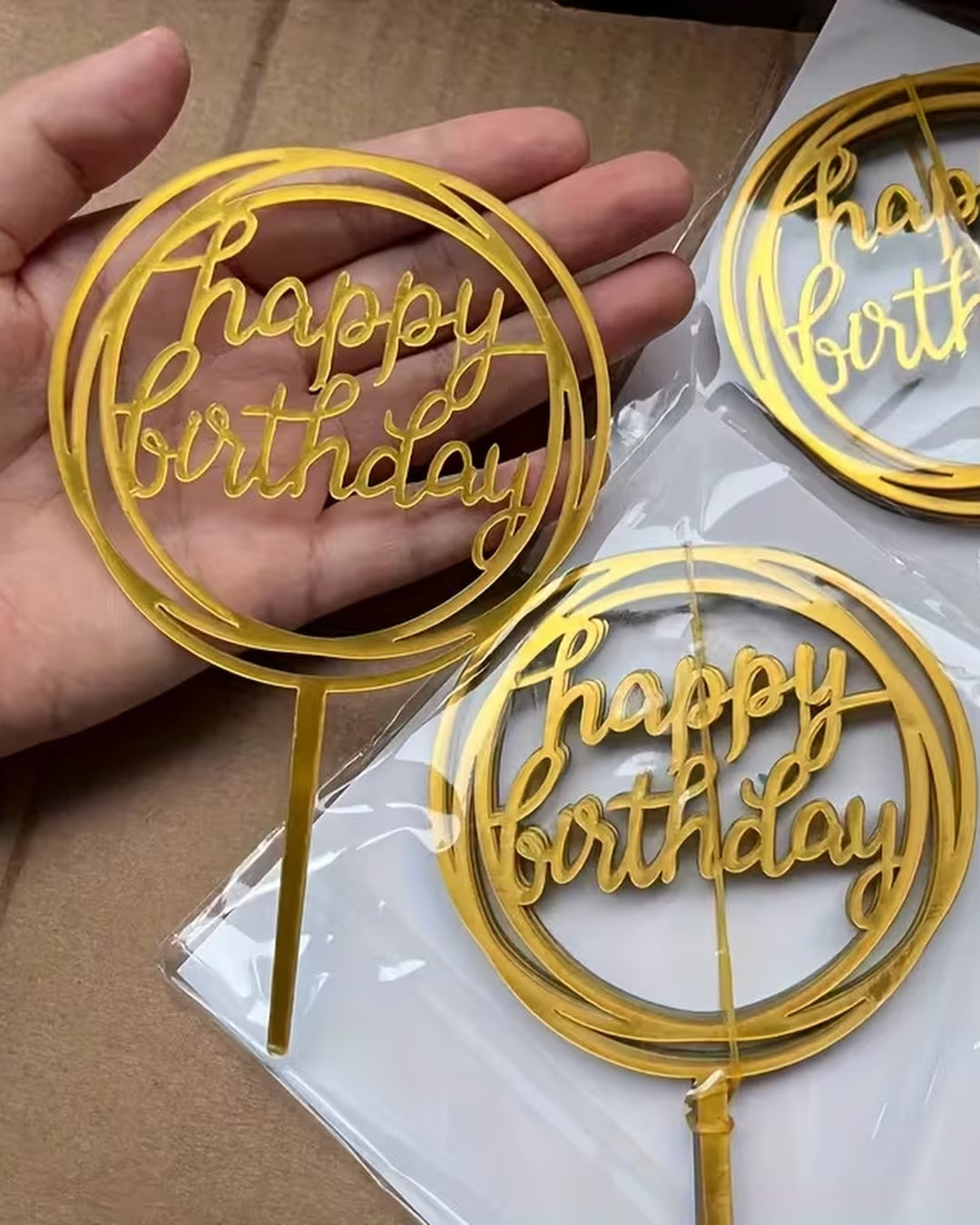 Gold acrylic Happy Birthday round message topper