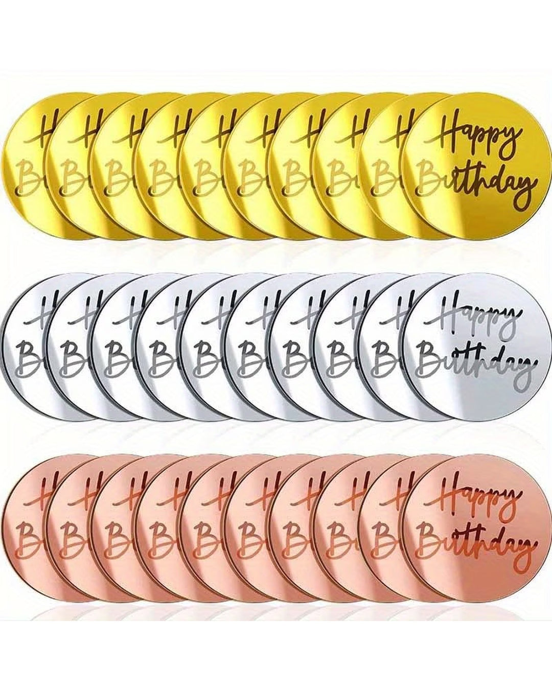 Acrylic round Happy Birthday plaques in gold, silver and rose gold
