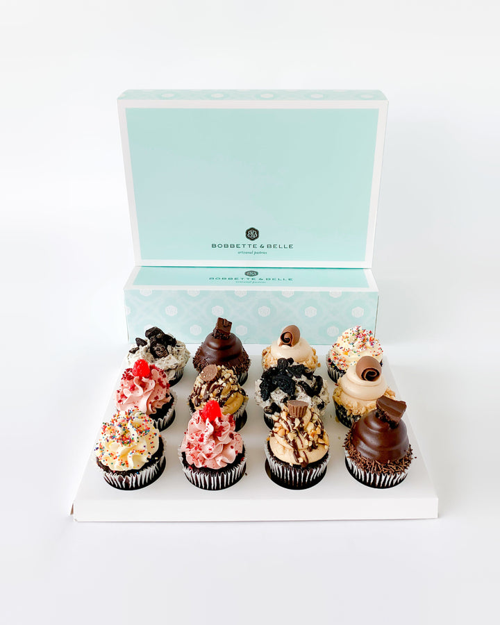 Box of Chocolate Lovers cupcakes in assorted chocolate flavours, by Bobbette & Belle