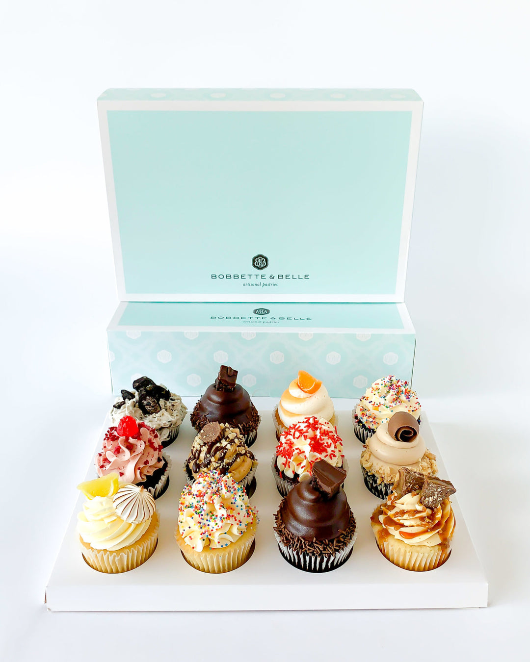 Box of 12 assorted cupcakes in a Bobbette & Belle gift box