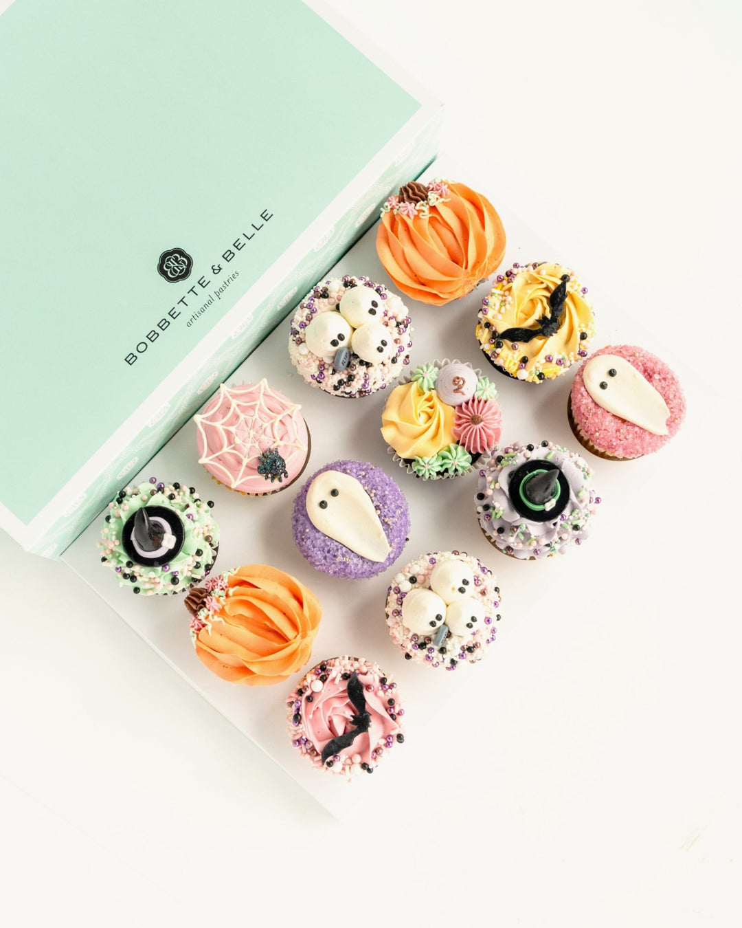 Box of 12 Halloween decorative cupcakes in a Bobbette & Belle box