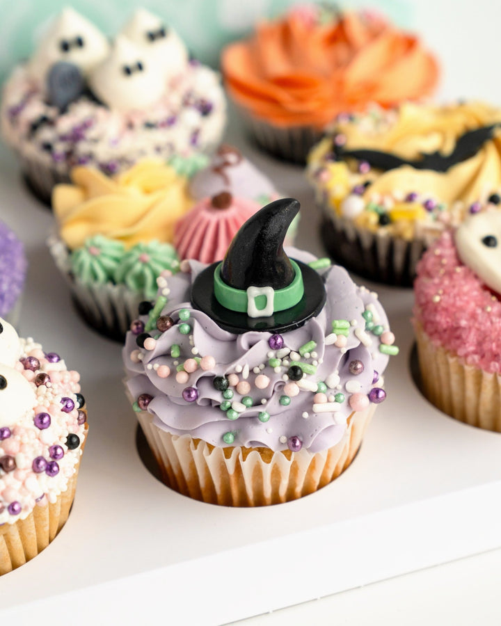 Lavender witch hat Halloween cupcake