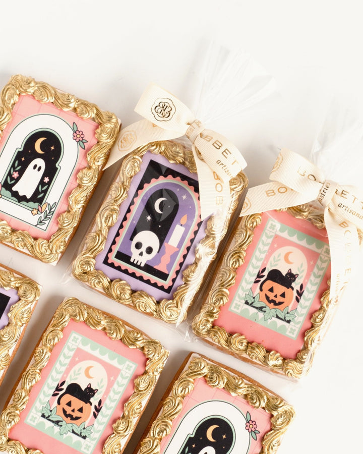 Individually wrapped Halloween framed cookies with Bobbette & Belle ribbon