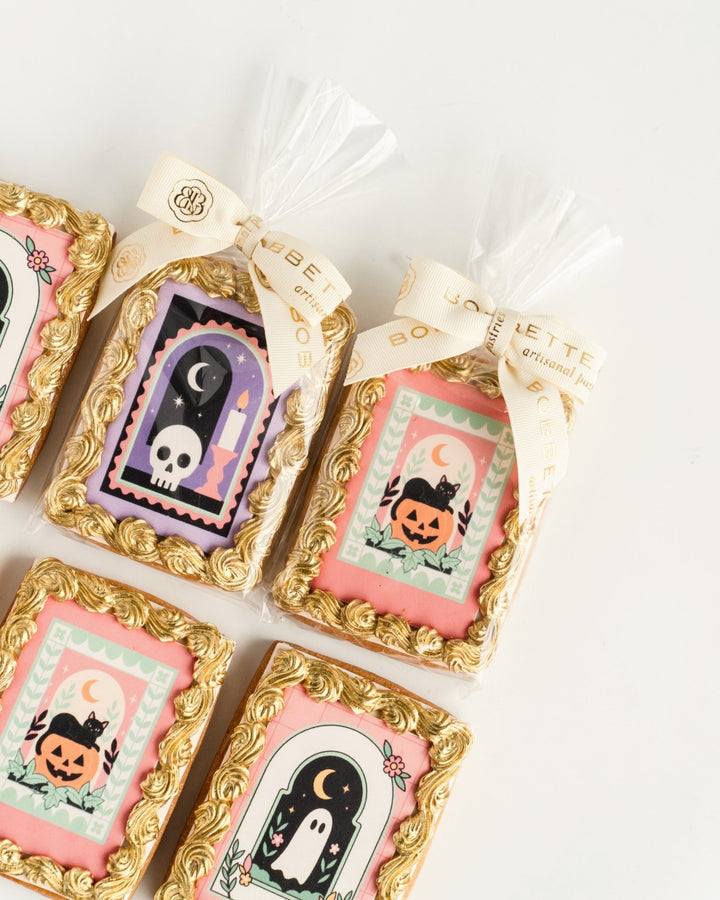 Halloween framed cookies: ghost, black cat pumpkin and skull designs