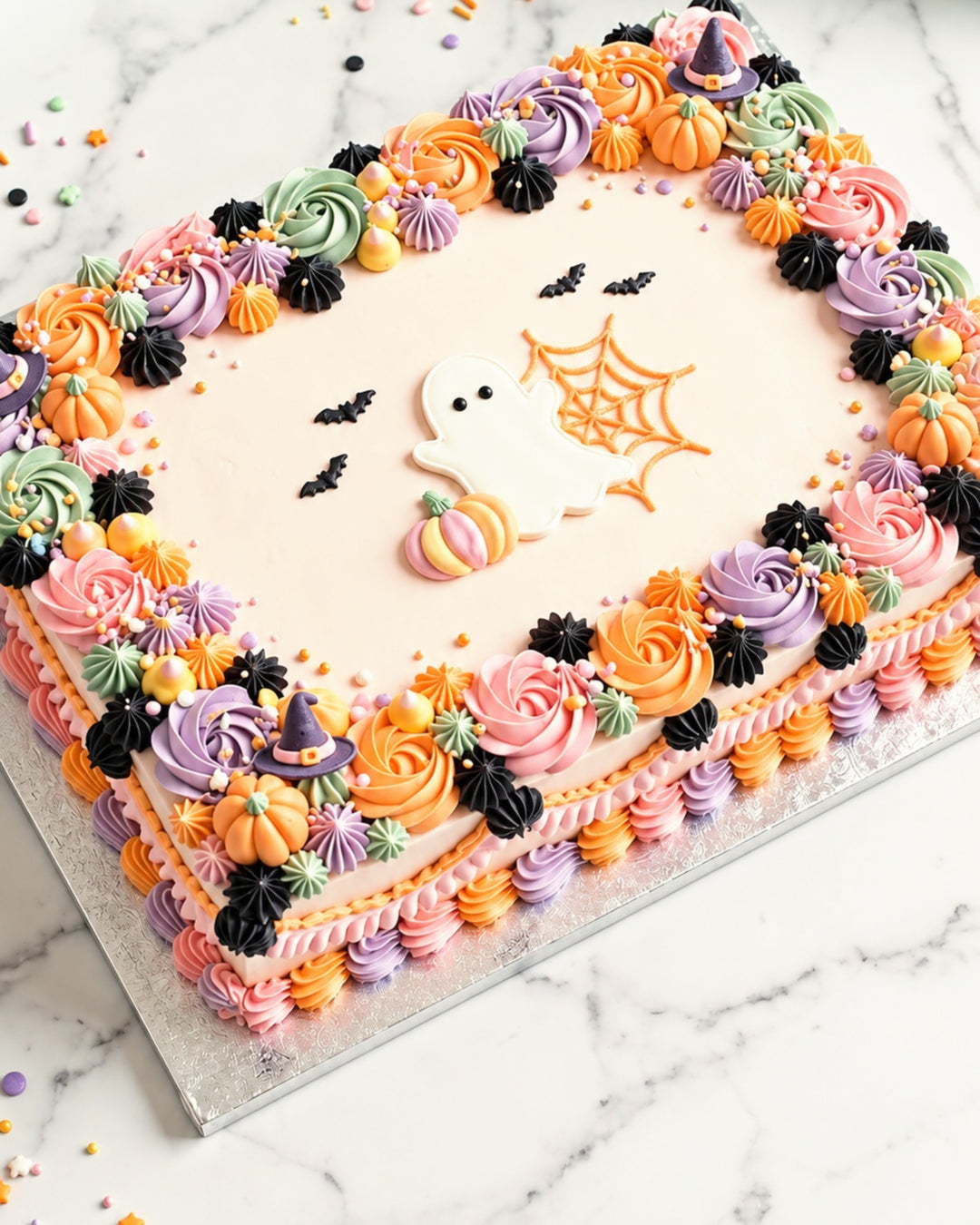 Halloween slab cake with pastel piped rosettes, pumpkins, witch hats and a ghost