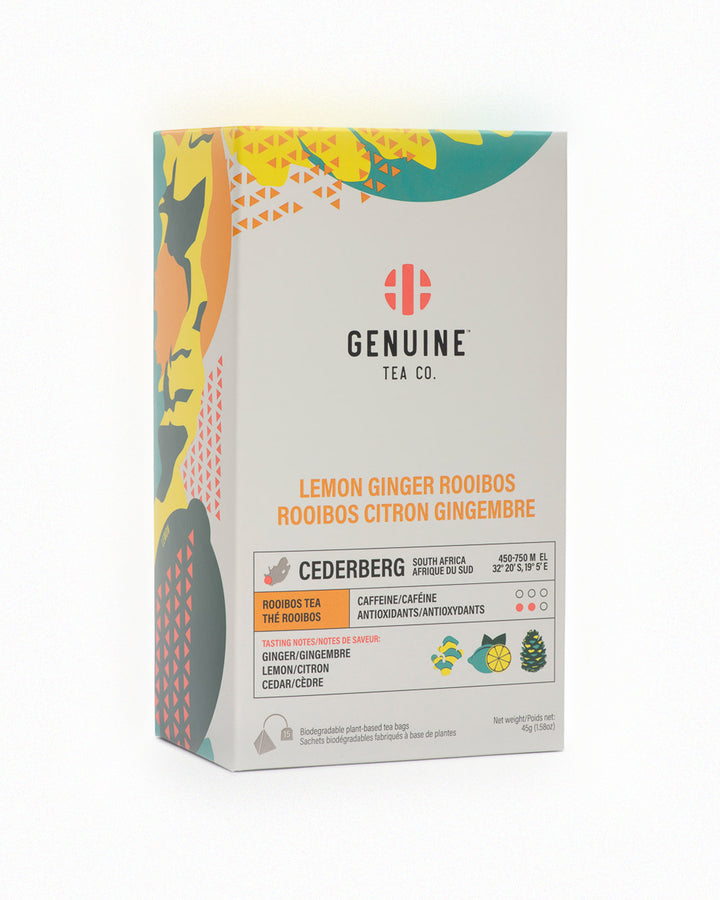 Genuine Tea Lemon Ginger Rooibos loose tea box