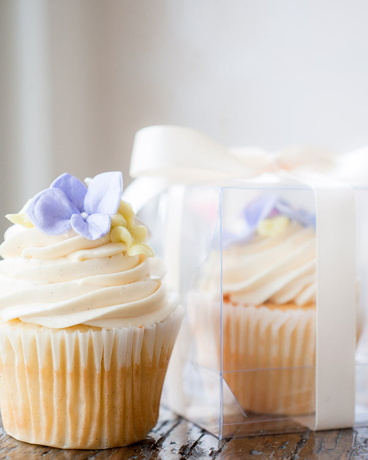Sugar Hydrangea Cupcake Favour in a clear favour box by Bobbette & Belle