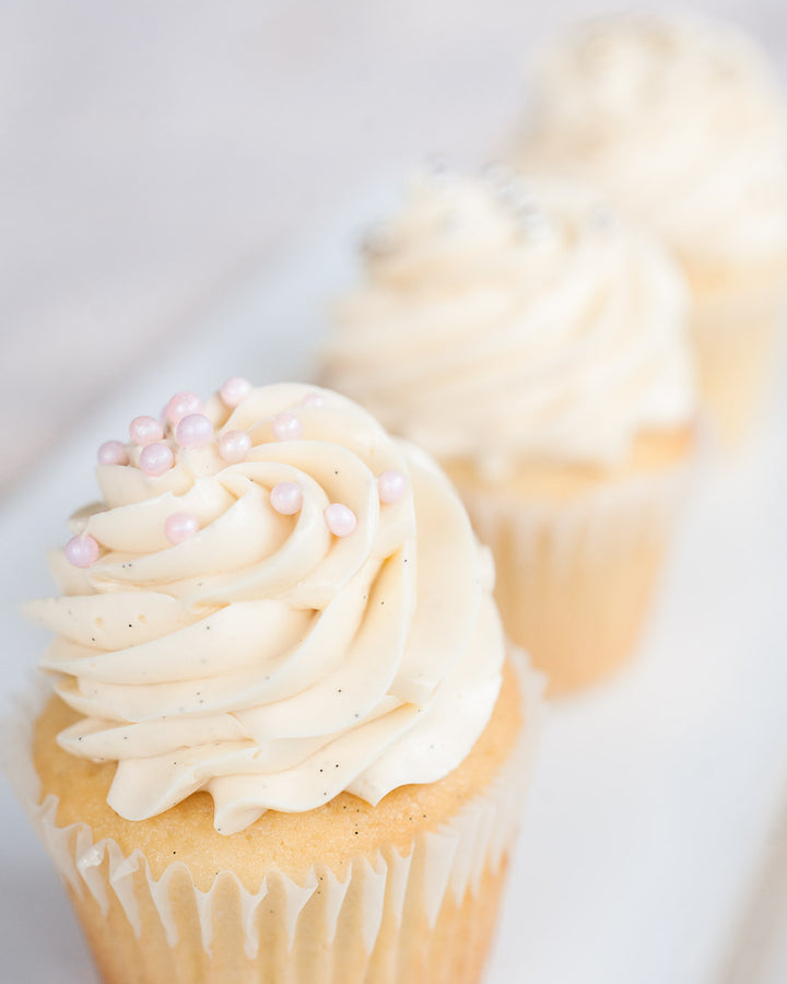 Sugar Pearl cupcakes with white buttercream and edible pearls, by Bobbette & Belle Toronto