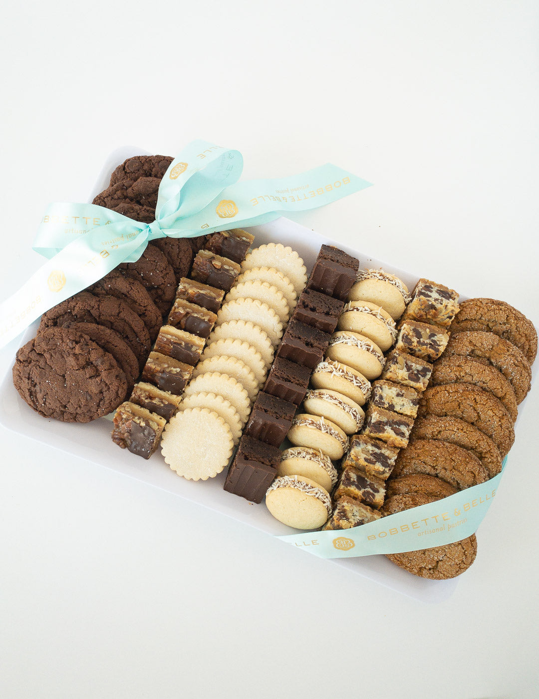 Bars, Tarts & Drop Cookies Tray from Bobbette & Belle, assorted bars, tarts and cookies on a ribboned tray