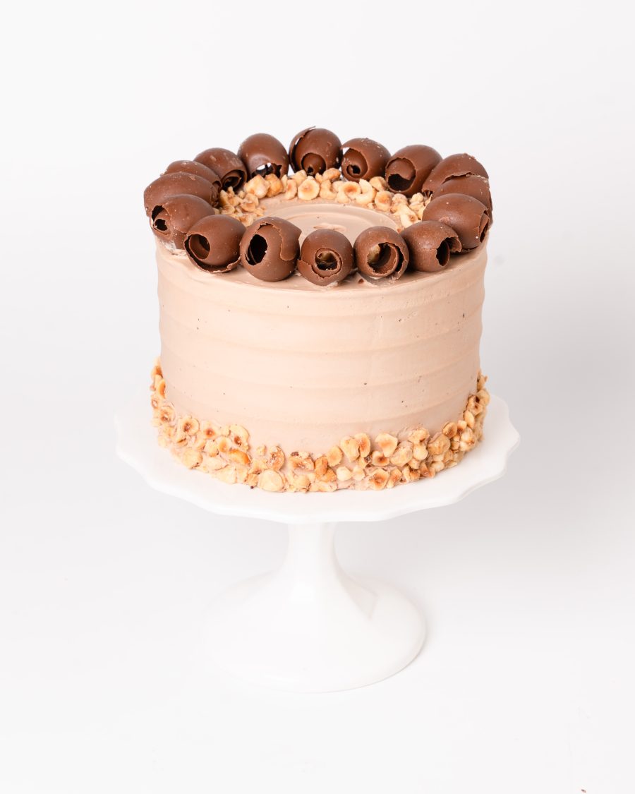 Moist layers of chocolate cake filled with hazelnut chocolate ganache made from imported Italian Gianduja.