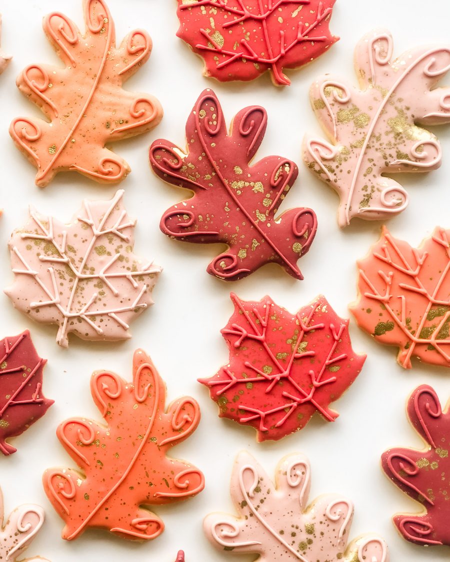 Thanksgiving-themed sugar cookies shaped like oak and maple leaves in fall colours, with a squirrel and glittering acorn, packaged in clear bags with ribbon ties