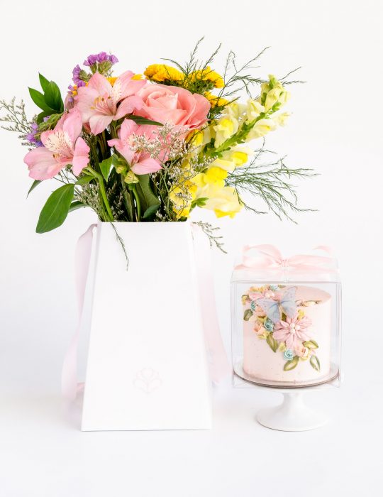 Mini Cake and Garden Flower Bouquet