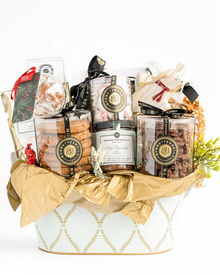 The Grand Holiday Collection Luxury holiday gift basket with cookies, hot chocolate, marshmallows, and sweets