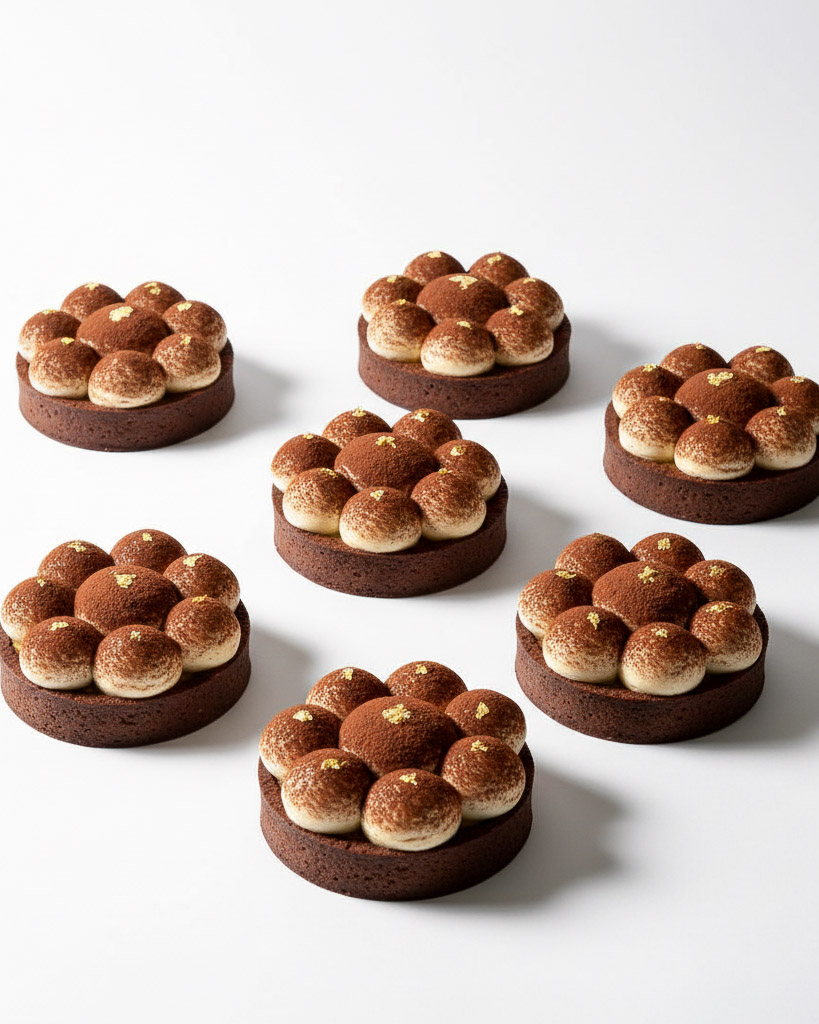 Tiramisu tarts topped with espresso mascarpone cream, set in chocolate shortcrust shells with ganache, cocoa powder, and gold accents.