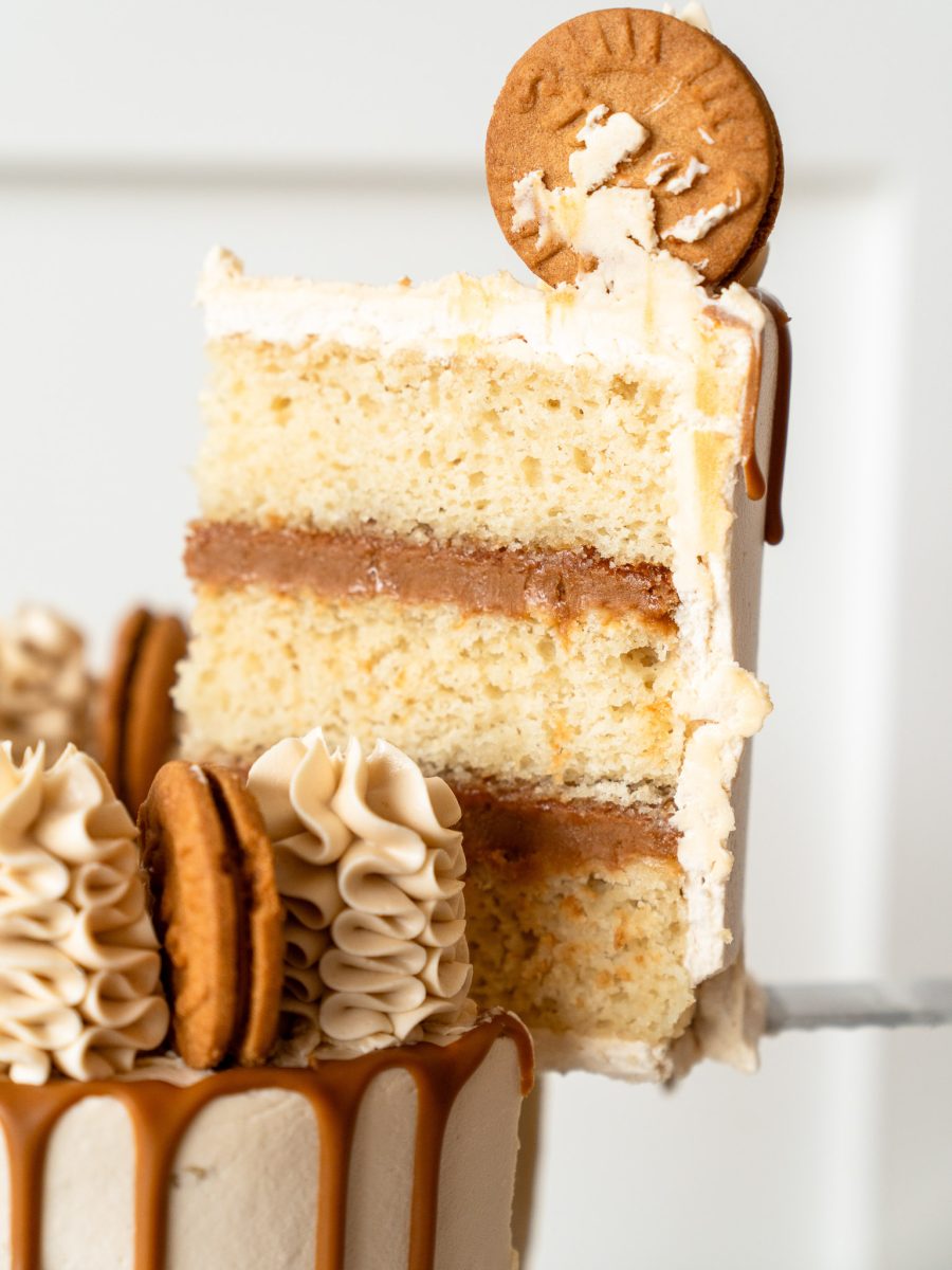 Biscoff Cake Slice Showing Vanilla Layers and Filling Slice of Biscoff cake showing vanilla sponge layers and biscoff cookie cream filling