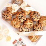 mixed scone tray with hot cross scones and blueberry scones served with cream lemon curd and jam